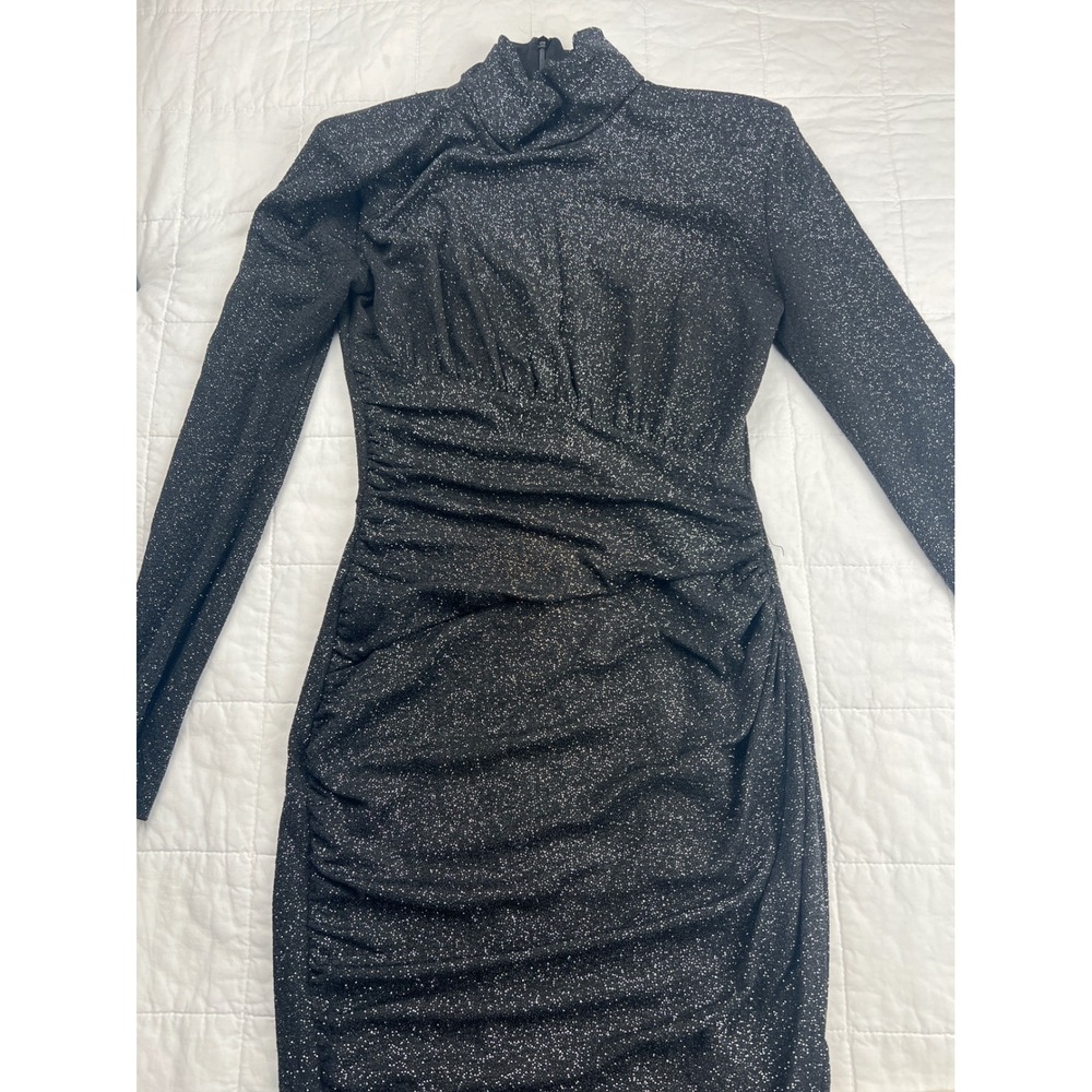 Other Stories‎ Black Sparkle Ruched Mock Neck Long Sleeve Midi Dress US 4
